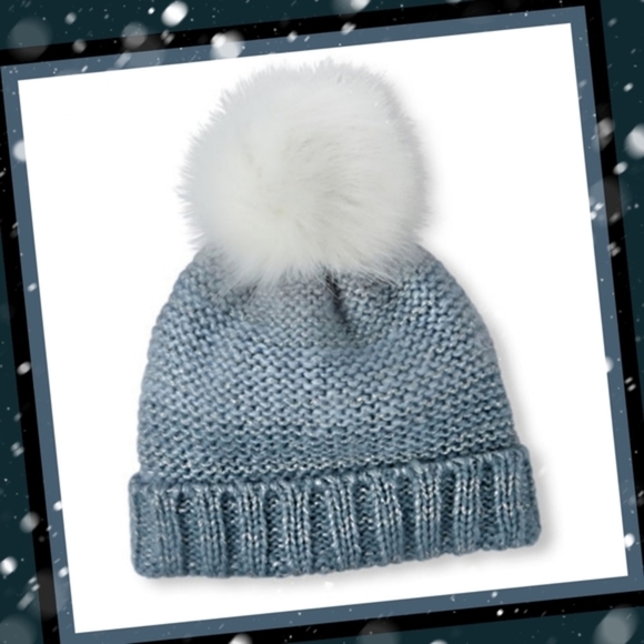 Children’s Place ✦ Girls Sparkle Pom Pom Beanie ✦ Blue White Knit Winter Hat - Picture 2 of 5
